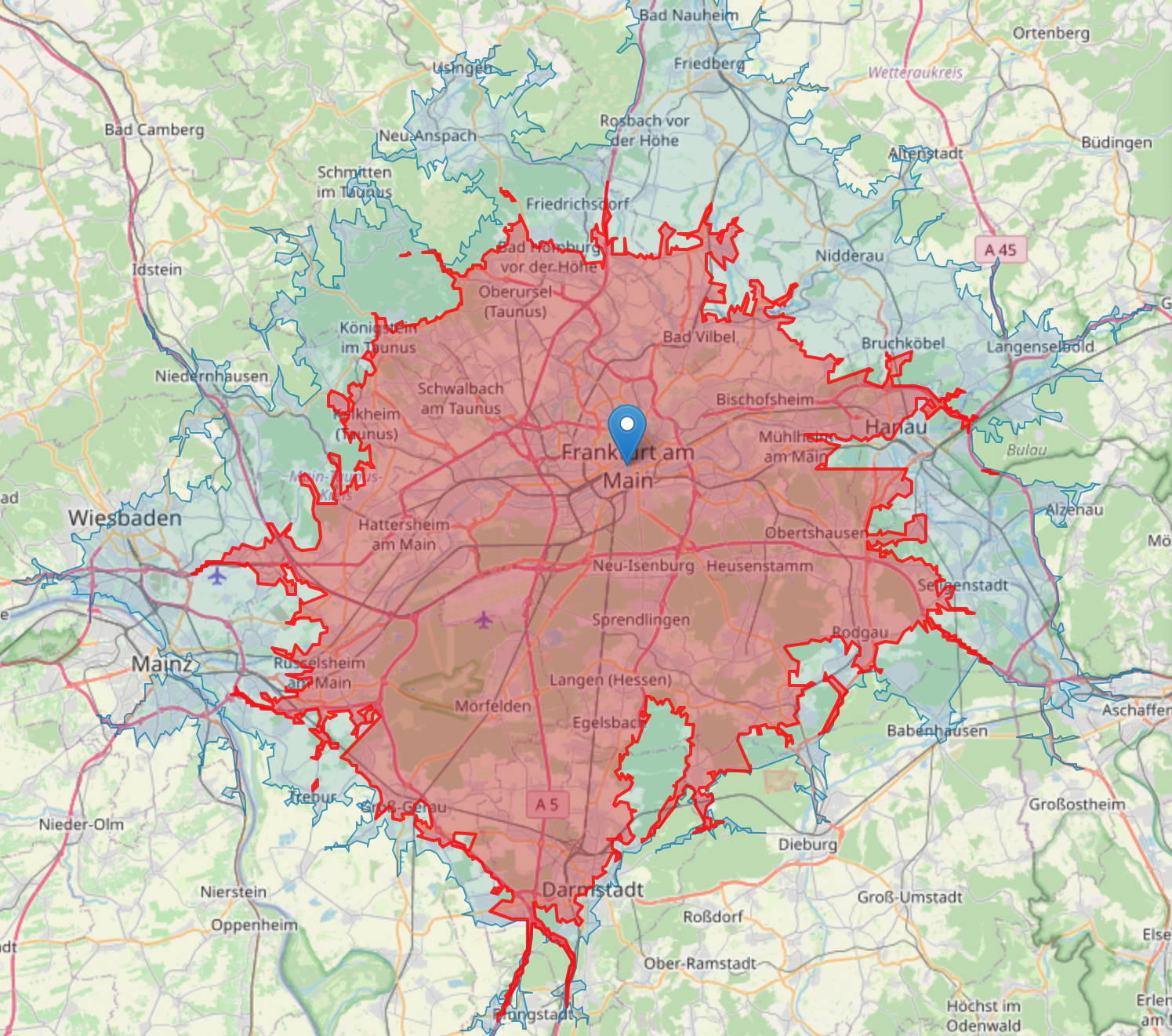 Isochronen-Karte: Erreichbarkeit um 8 Uhr